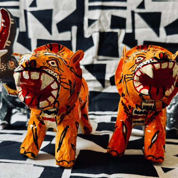 Statuette Tigre Tête Articulée, Papier Mâché, Inde