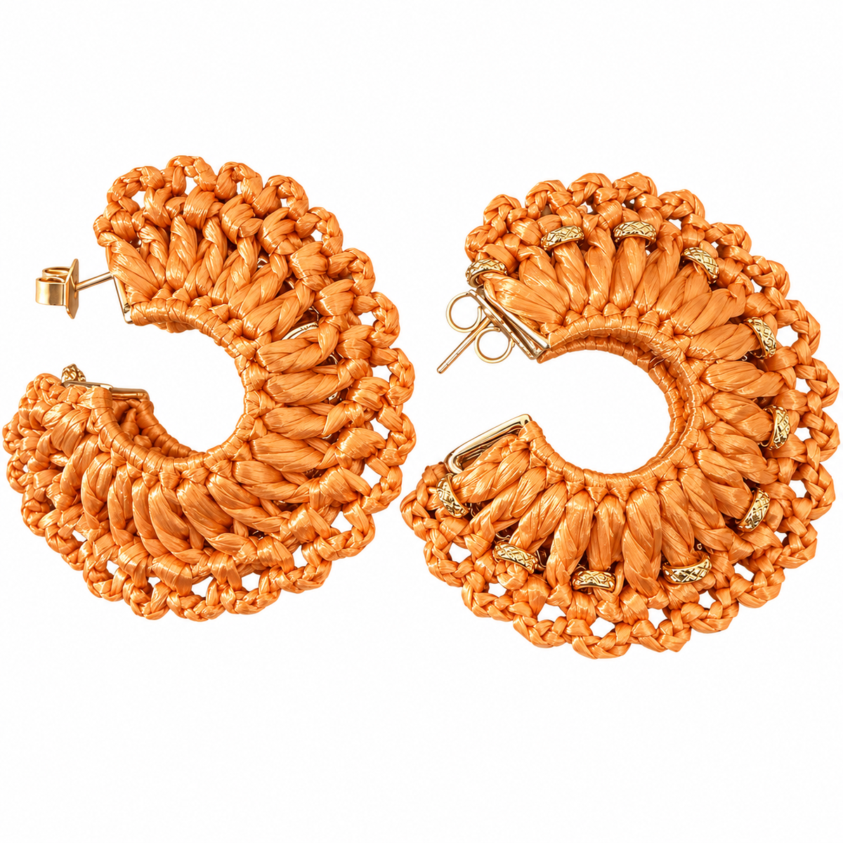 GAS BIJOUX - BOUCLES D'OREILLES CREOLES CROCUS RAPHIA CARAMEL - METAL DORÉ