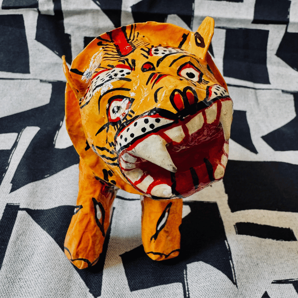Statuette Tigre Tête Articulée, Papier Mâché, Inde