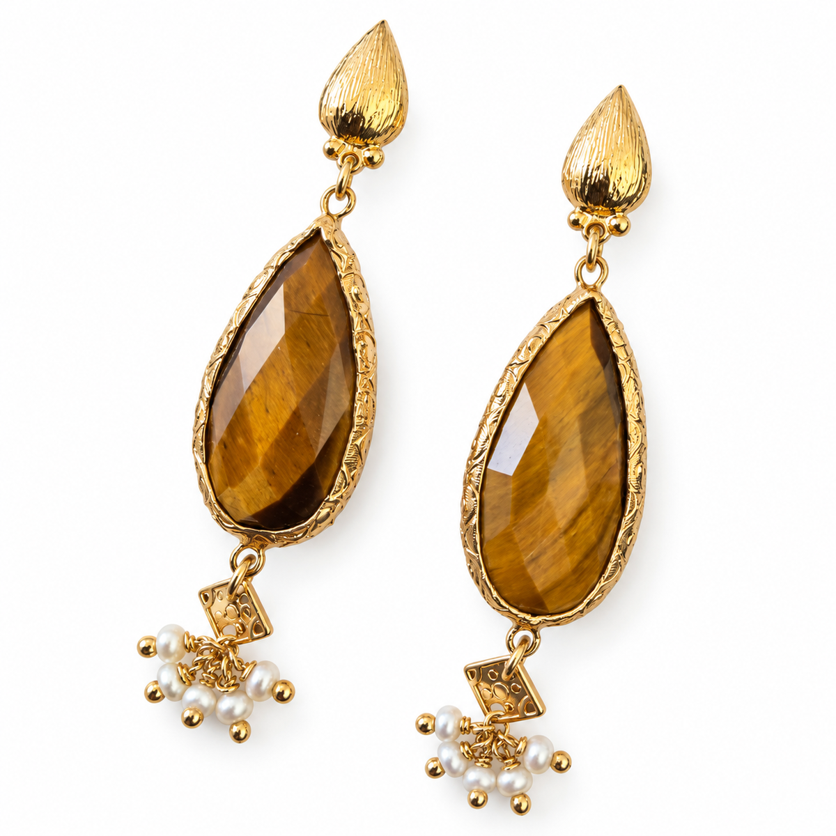 GAS BIJOUX - BOUCLES D'OREILLES SERTI GOUTTE - PETIT MODELE - OEIL DE TIGRE - MÉTAL DORÉ