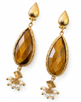 GAS BIJOUX - BOUCLES D'OREILLES SERTI GOUTTE - PETIT MODELE - OEIL DE TIGRE - MÉTAL DORÉ