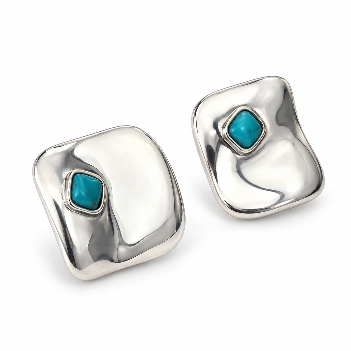 GAS BIJOUX - BOUCLES D'OREILLES PUCES SQUARE PETIT MODÈLE - MÉTAL ARGENTÉ - TURQUOISE