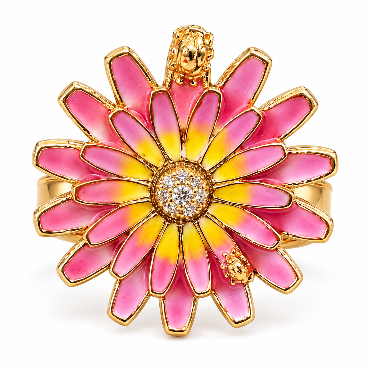GAS BIJOUX - BAGUE FLOWER TONS DE MAUVE ET JAUNE - MÉTAL DORÉ - AJUSTABLE