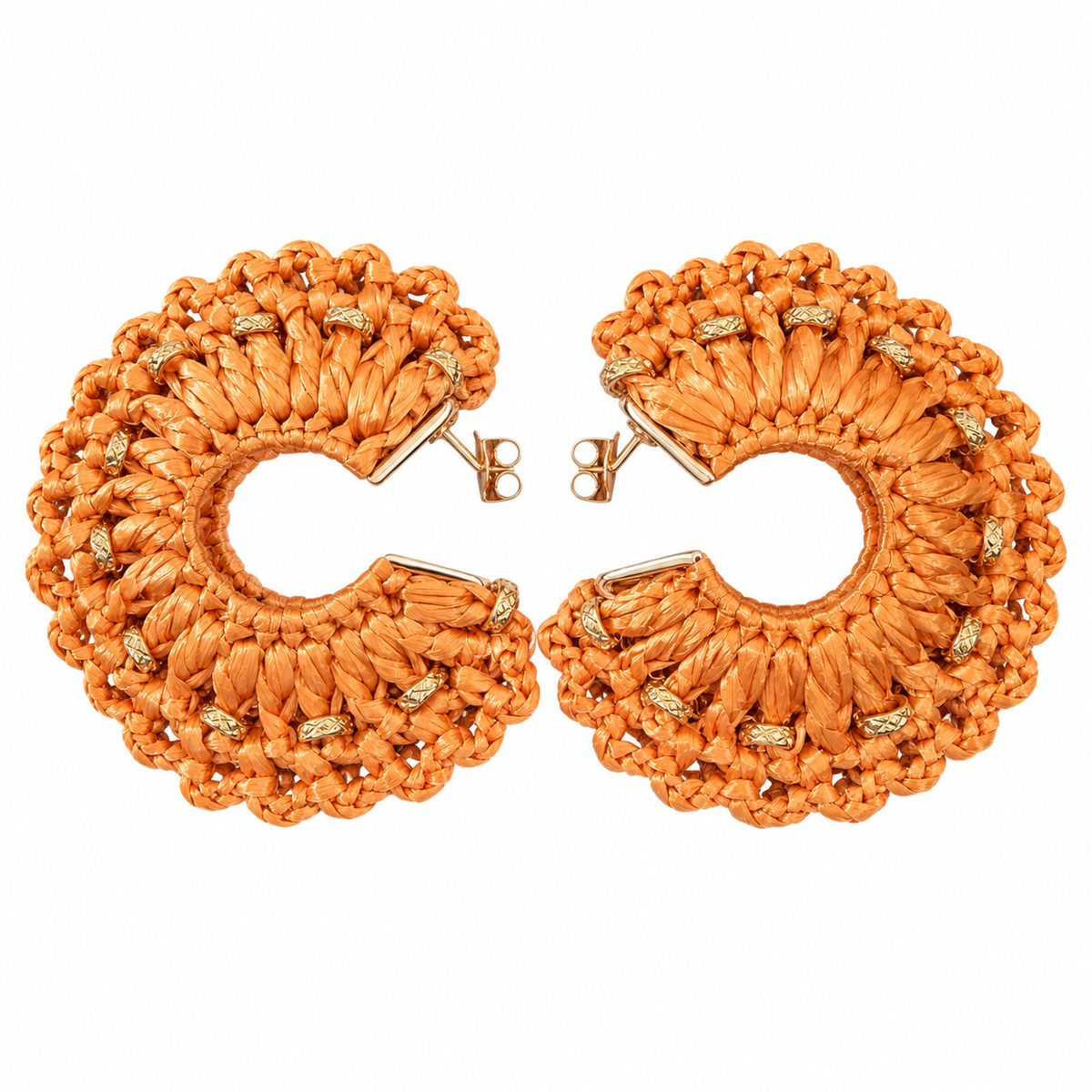 GAS BIJOUX - BOUCLES D'OREILLES CREOLES CROCUS RAPHIA CARAMEL - METAL DORÉ