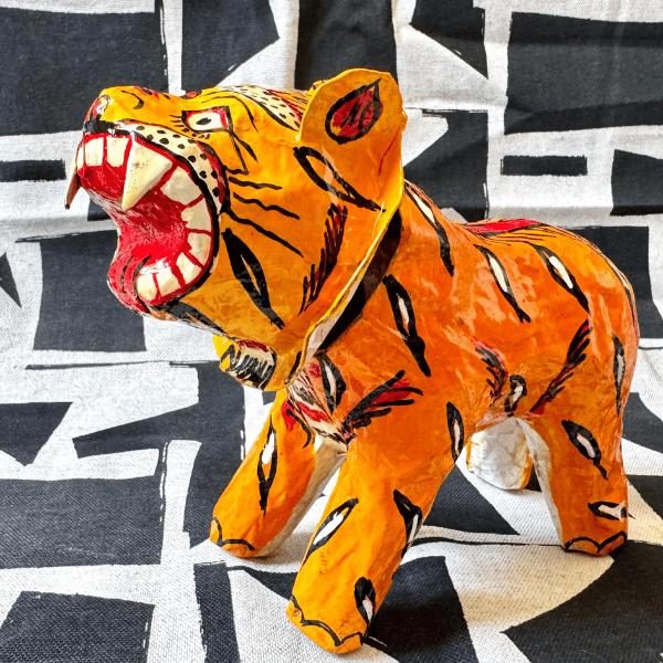 Statuette Tigre Tête Articulée, Papier Mâché, Inde