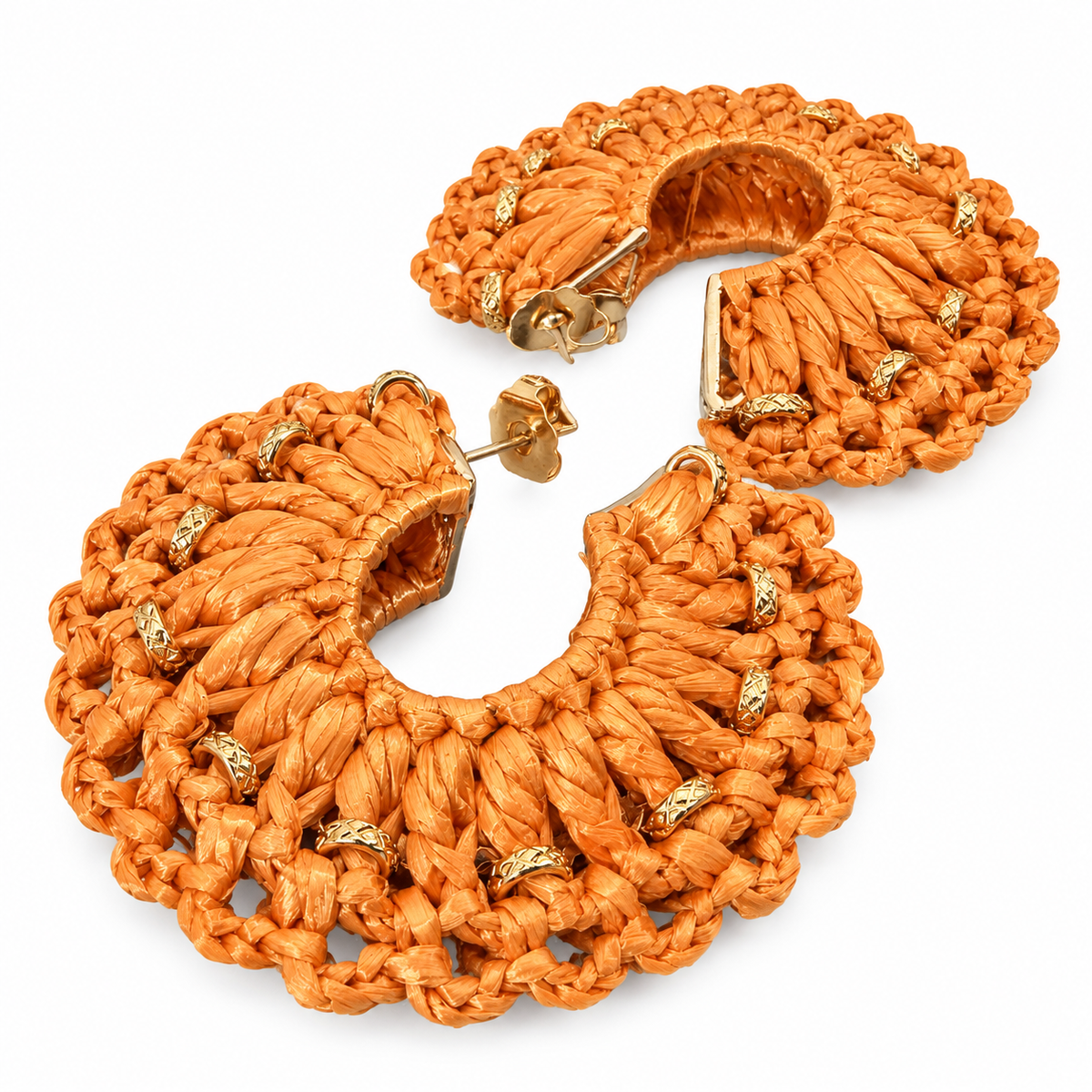 GAS BIJOUX - BOUCLES D'OREILLES CREOLES CROCUS RAPHIA CARAMEL - METAL DORÉ