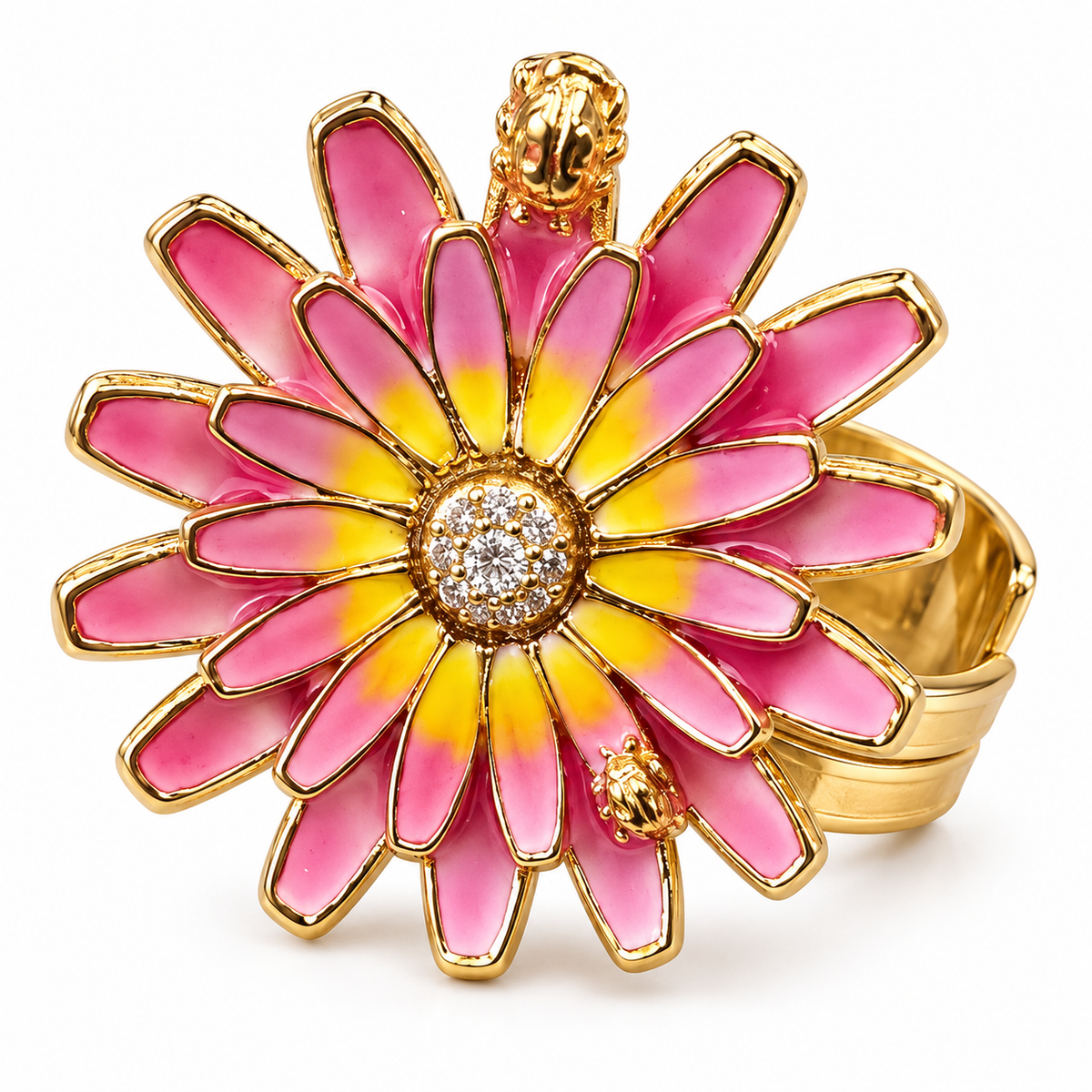 GAS BIJOUX - BAGUE FLOWER TONS DE MAUVE ET JAUNE - MÉTAL DORÉ - AJUSTABLE