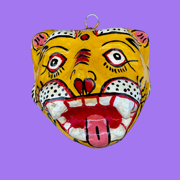 Masque décoration murale Inde tigre jaune 10cm papier mâché
