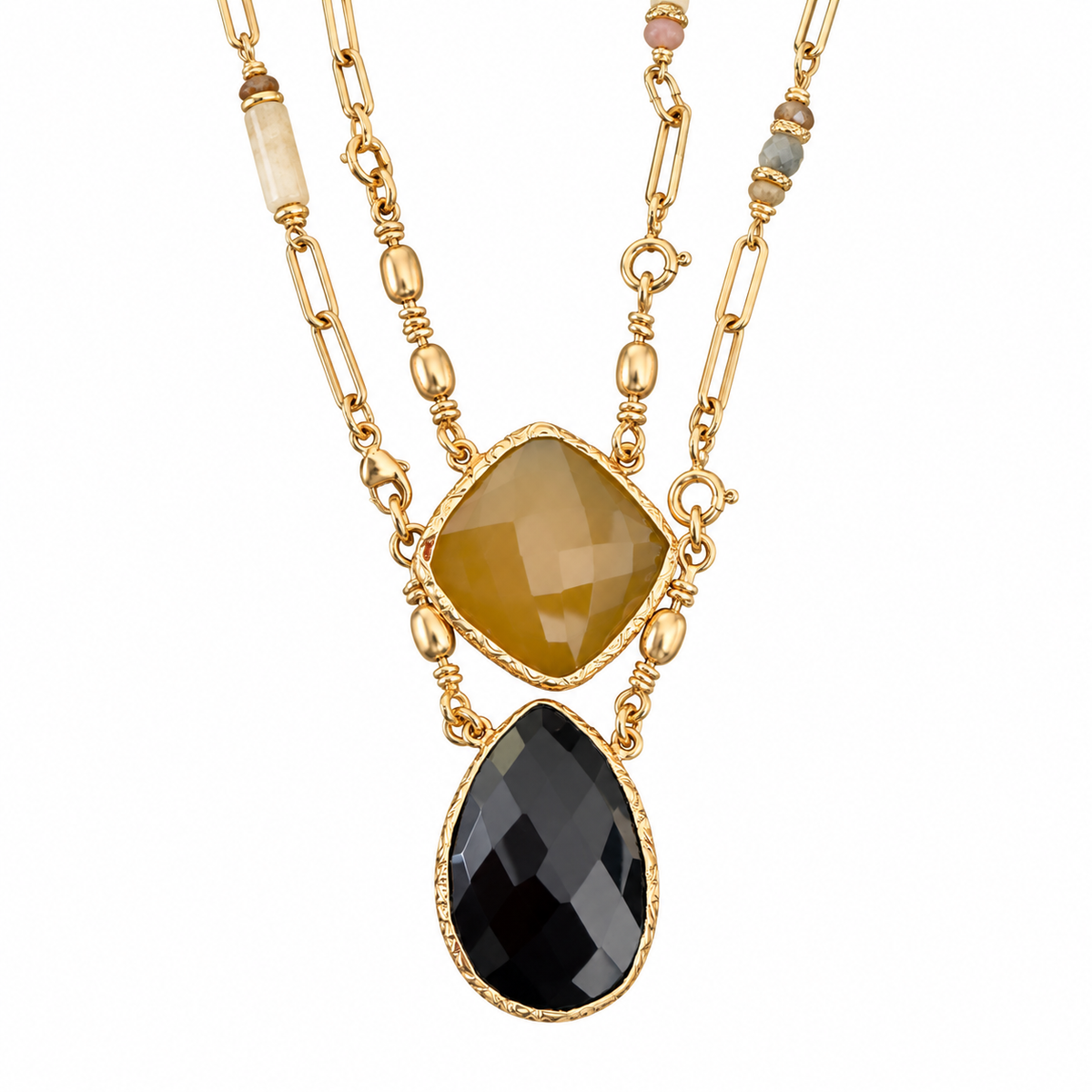 GAS BIJOUX - COLLIER SCAPULAIRE KALI SERTI - ONYX NOIR ET CITRINE - METAL DORÉ