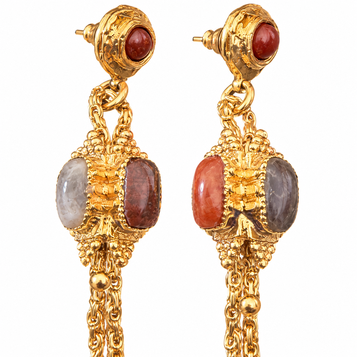 GAS BIJOUX - BOUCLES D'OREILLES SERTI TALISMAN GRAND MODELE - METAL DORÉ -PIERRES NATURELLES