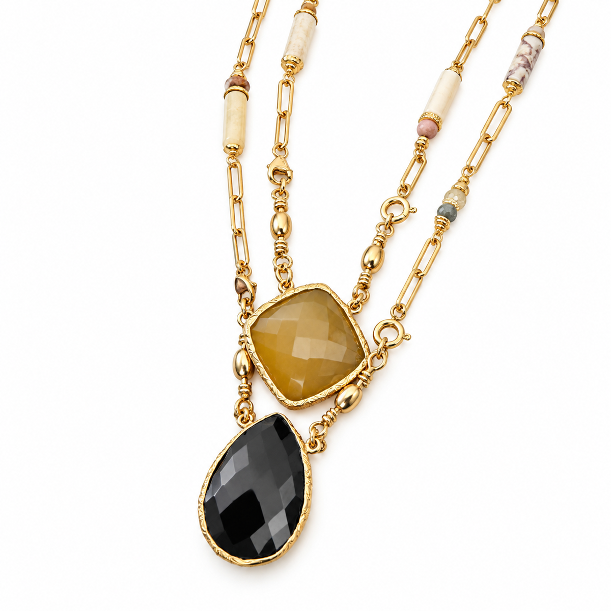 GAS BIJOUX - COLLIER SCAPULAIRE KALI SERTI - ONYX NOIR ET CITRINE - METAL DORÉ