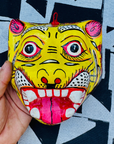 Masque décoration murale Inde tigre jaune 21cm papier mâché