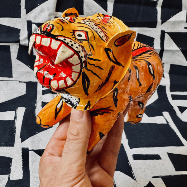 Statuette Tigre Tête Articulée, Papier Mâché, Inde