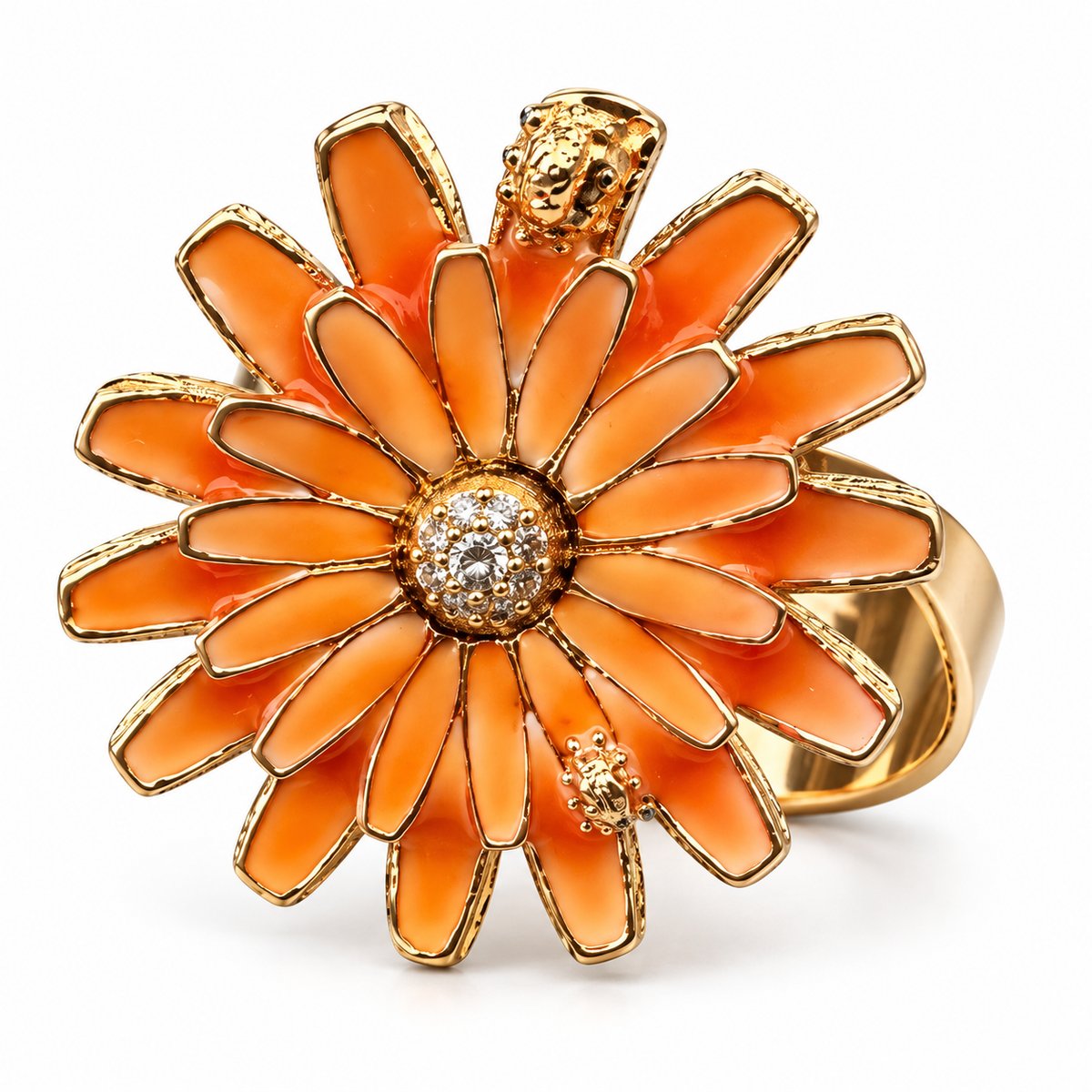 GAS BIJOUX - BAGIUE FLOWER TONS MANDARINE - MÉTAL DORÉ - AJUSTABLE