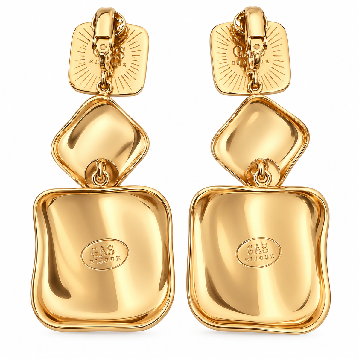 GAS BIJOUX - BOUCLES D'OREILLES SQUARE 3 RANGS GRAND MODELE - CLIPS - MÉTAL DORÉ