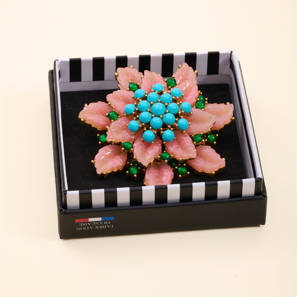 BY GARANCE - BROCHE RANA - FLEUR ROSE ET PISTIL TURQUOISE