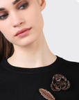 OLIVIA DAR - Broche CAMELIA fleur en perles - Noir et Doré