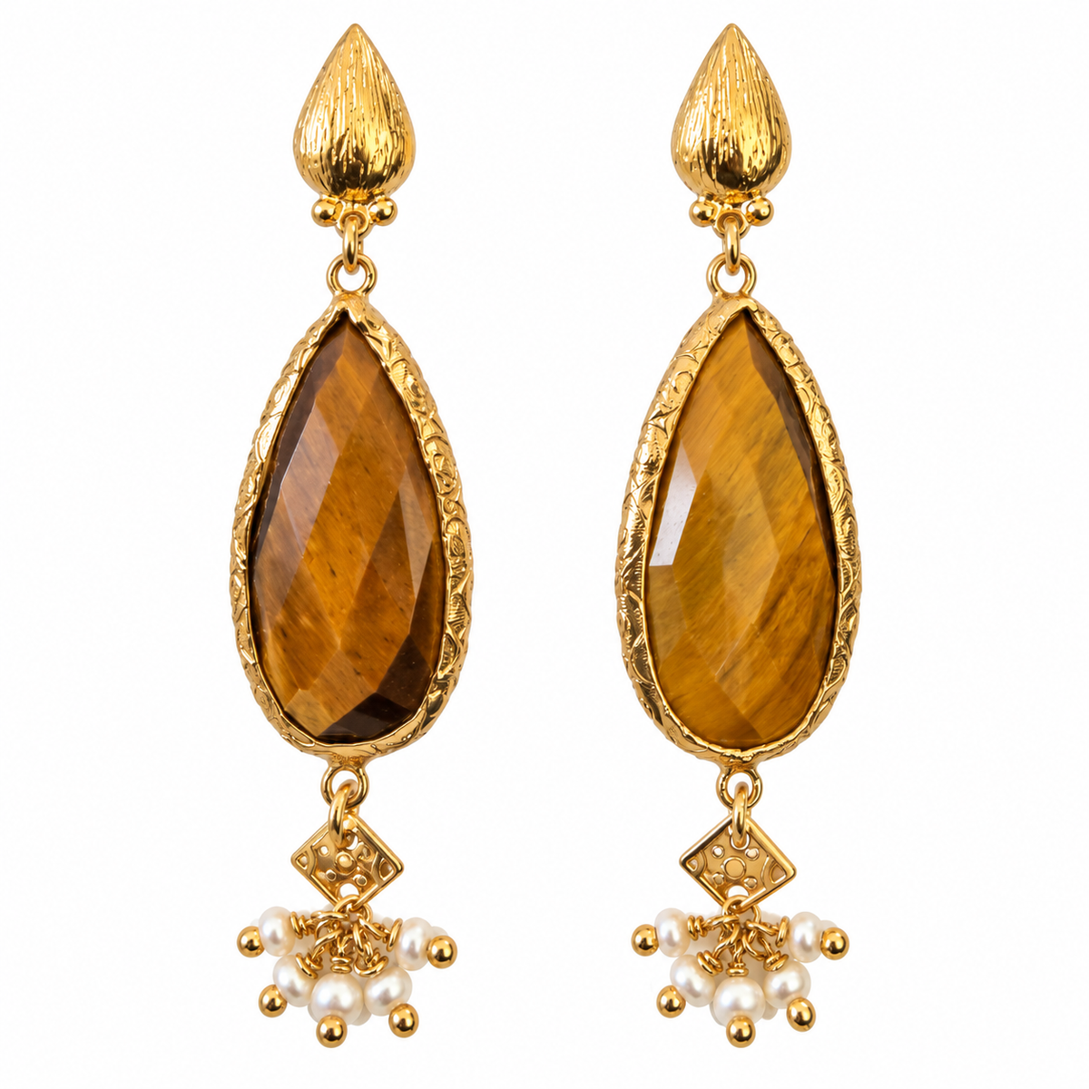 GAS BIJOUX - BOUCLES D'OREILLES SERTI GOUTTE - PETIT MODELE - OEIL DE TIGRE - MÉTAL DORÉ