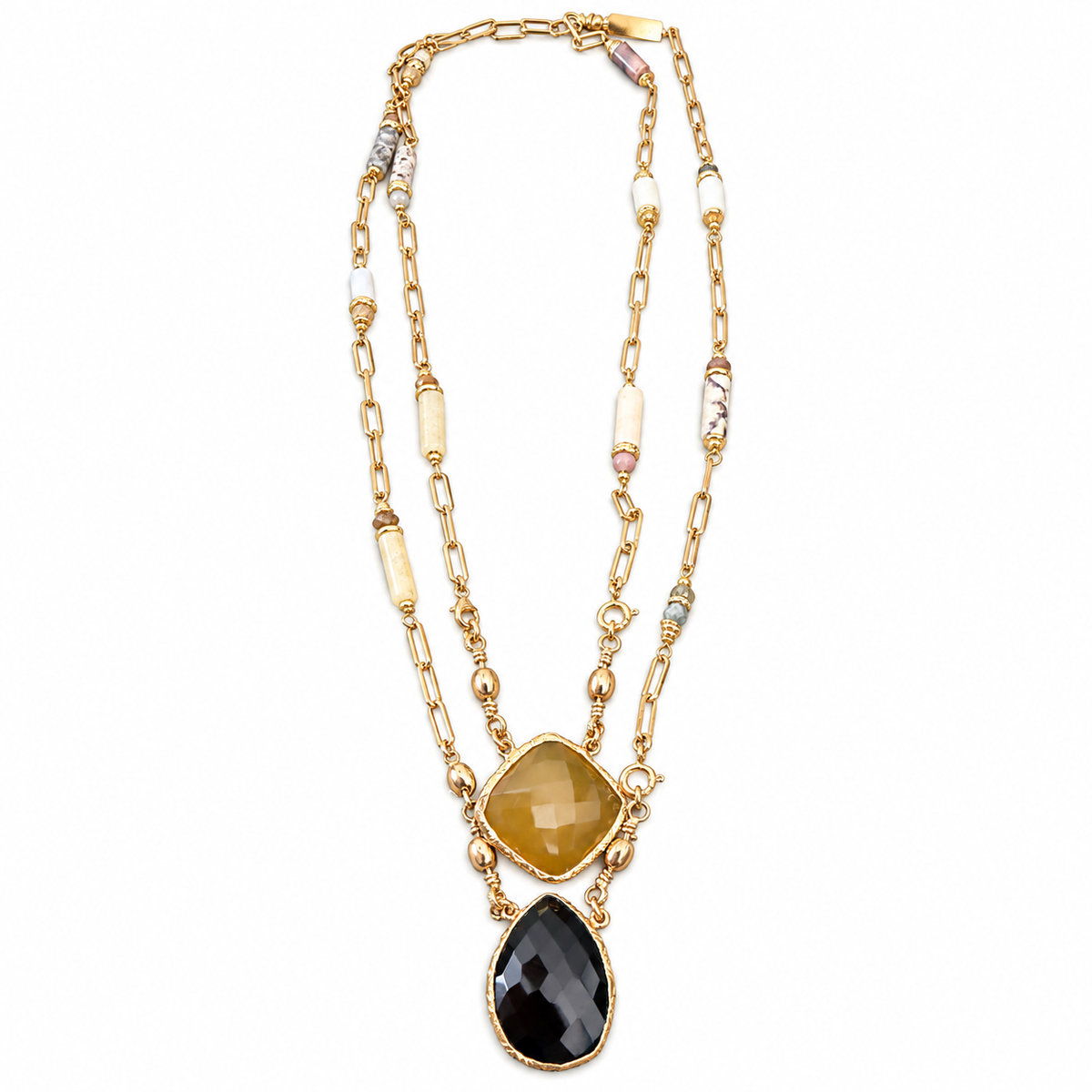 GAS BIJOUX - COLLIER SCAPULAIRE KALI SERTI - ONYX NOIR ET CITRINE - METAL DORÉ