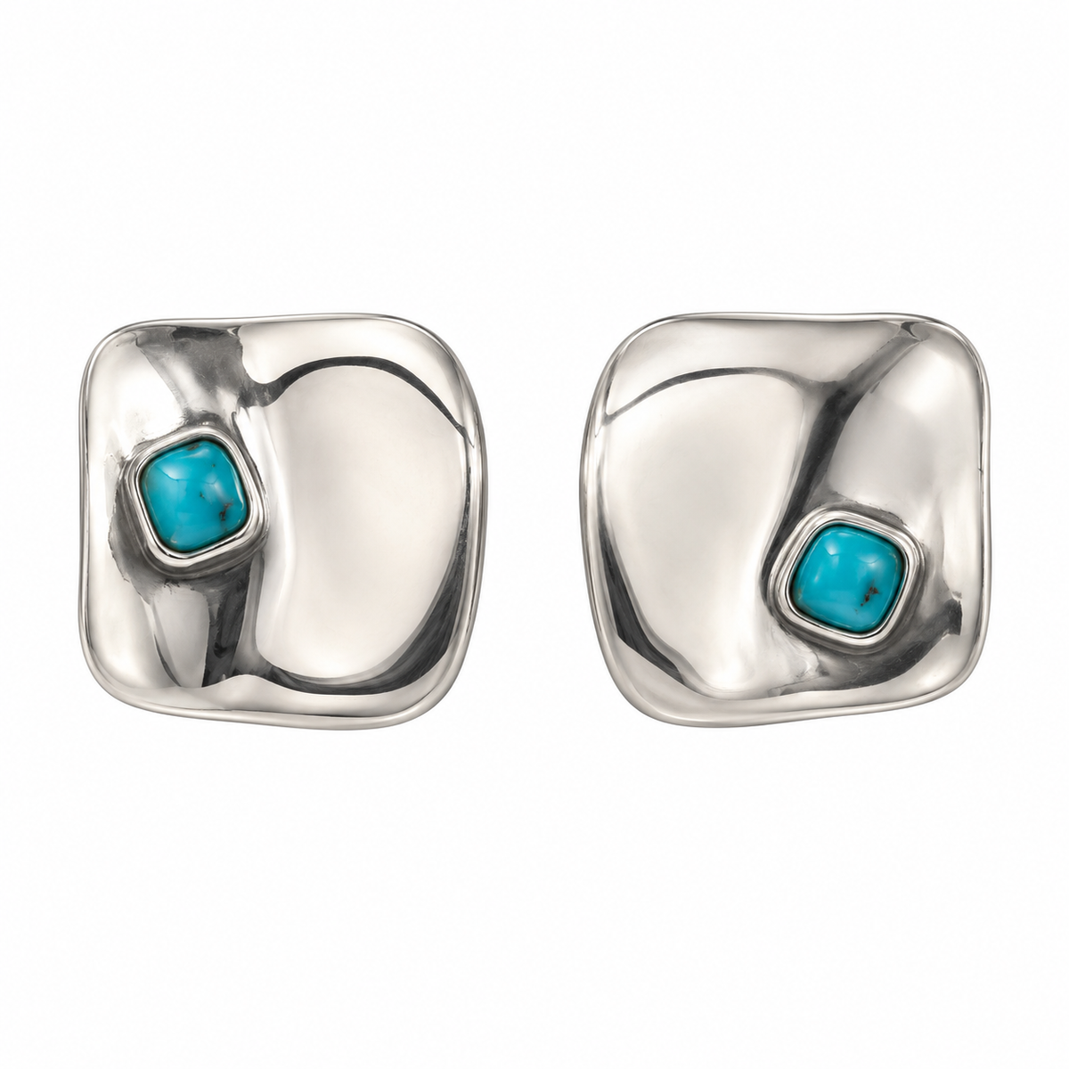 GAS BIJOUX - BOUCLES D'OREILLES PUCES SQUARE PETIT MODÈLE - MÉTAL ARGENTÉ - TURQUOISE