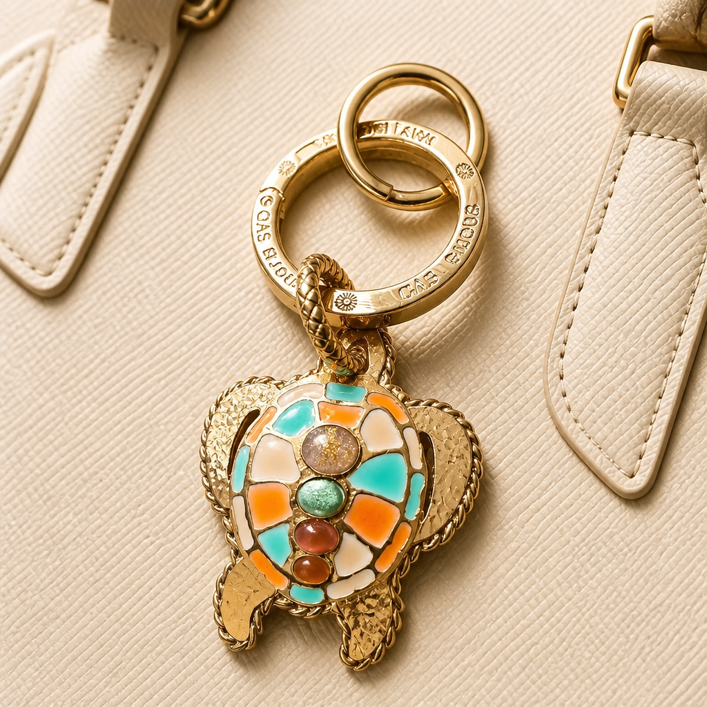 GAS BIJOUX - PORTE CLÉS DORÉ - TORTUE E-MAIL TURQUOISE, ROSE ET ORANGE
