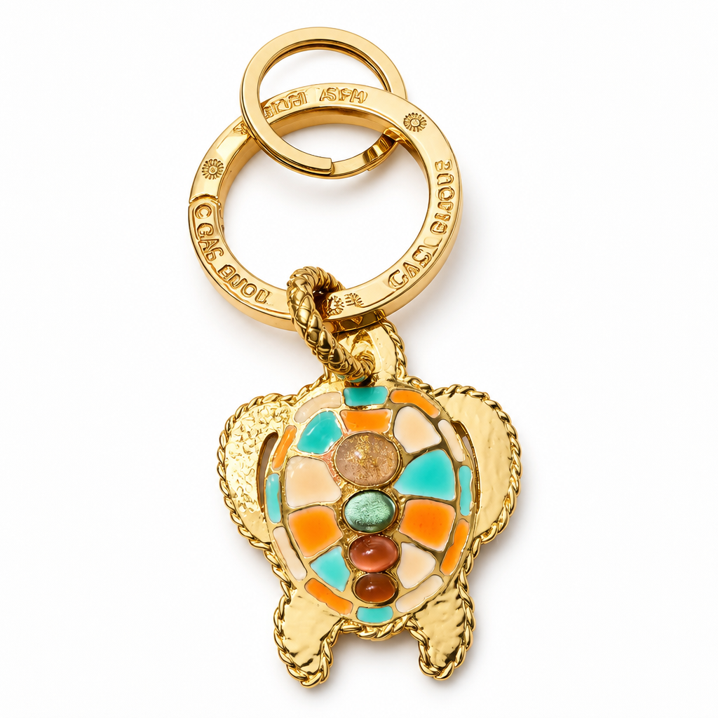 GAS BIJOUX - PORTE CLÉS DORÉ - TORTUE E-MAIL TURQUOISE, ROSE ET ORANGE