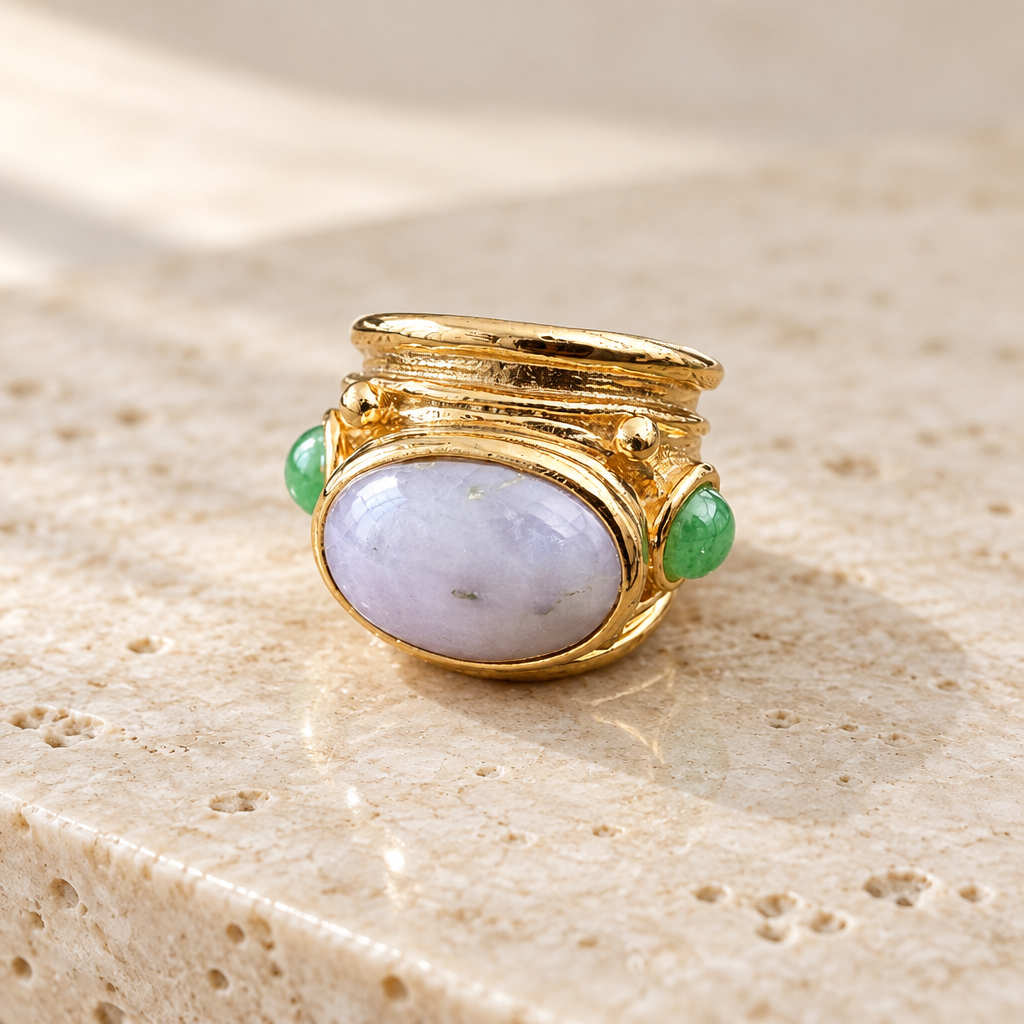 GAS BIJOUX - BAGUE SIMONE DOREE QUARTE LAVANDE ET AVENTURINE VERTE - TAILLE M