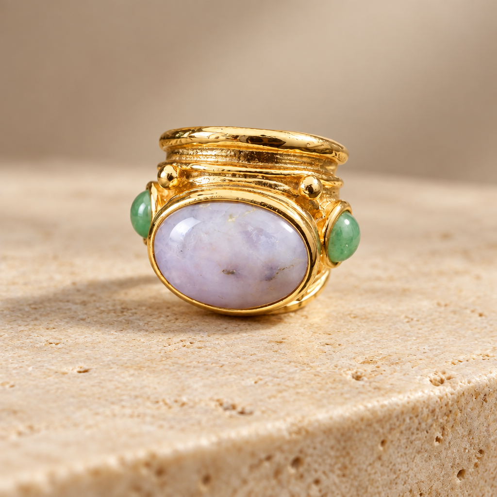 GAS BIJOUX - BAGUE SIMONE DOREE QUARTE LAVANDE ET AVENTURINE VERTE - TAILLE M