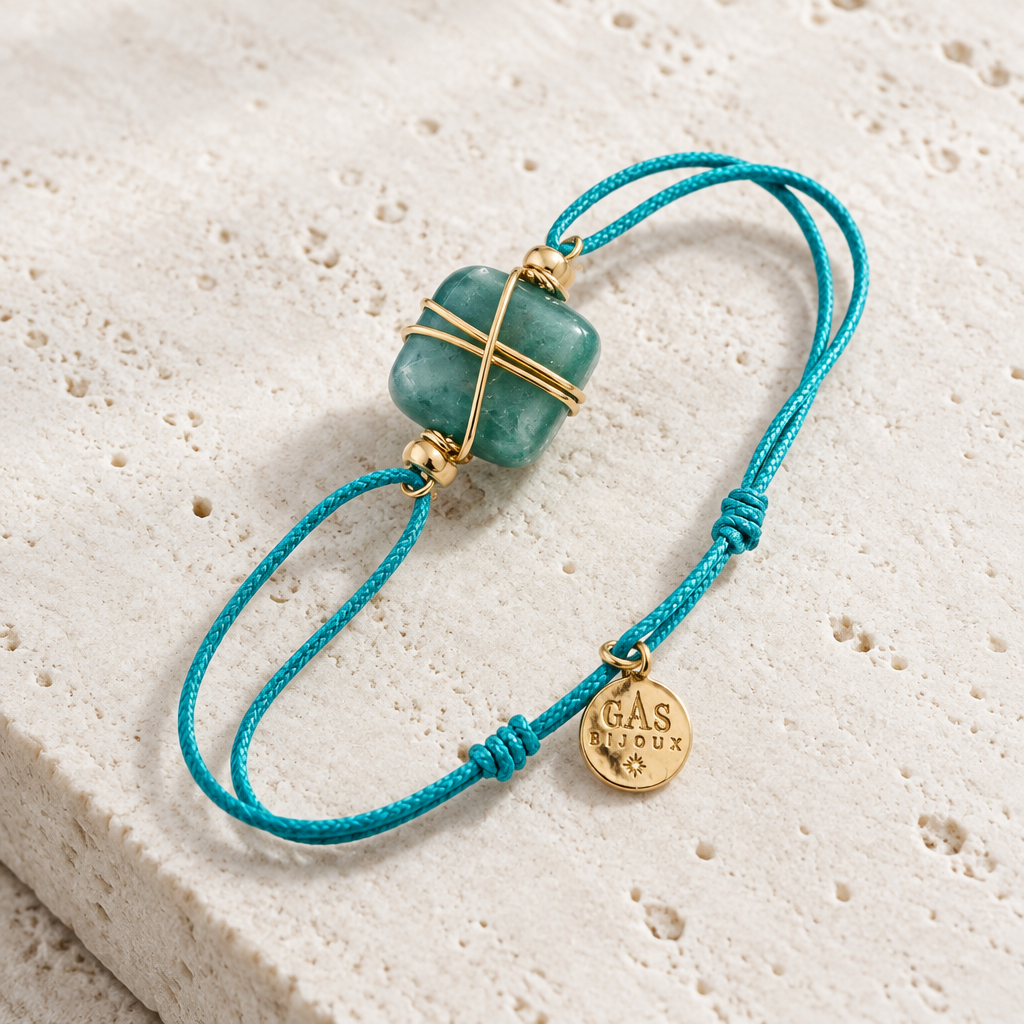 GAS BIJOUX - BRACELET CORDON TURQUOISE - JADE BLEUTÉ - MÉTAL DORÉ