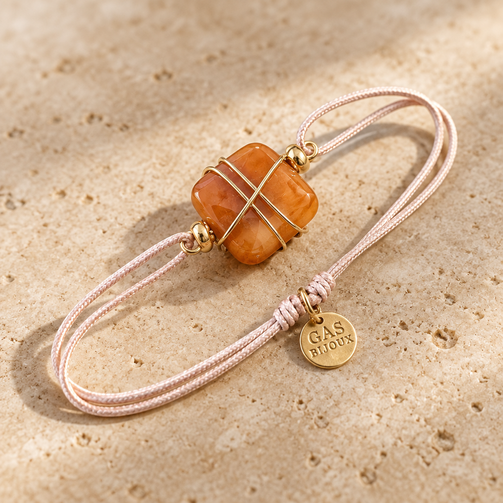 GAS BIJOUX - BRACELET SQUARE CORDOn ROSE PALE - JASPE ORANGE
