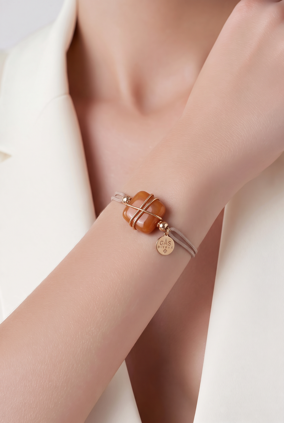 GAS BIJOUX - BRACELET SQUARE CORDOn ROSE PALE - JASPE ORANGE