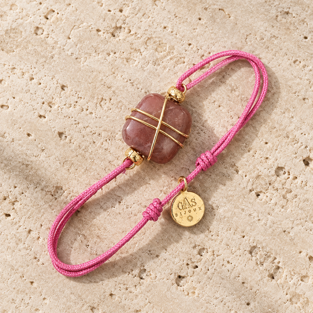 GAS BIJOUX - BRACELET SQUARE CORDON FUSHIA - JASPE POURPRE - MÉTAL DORÉ