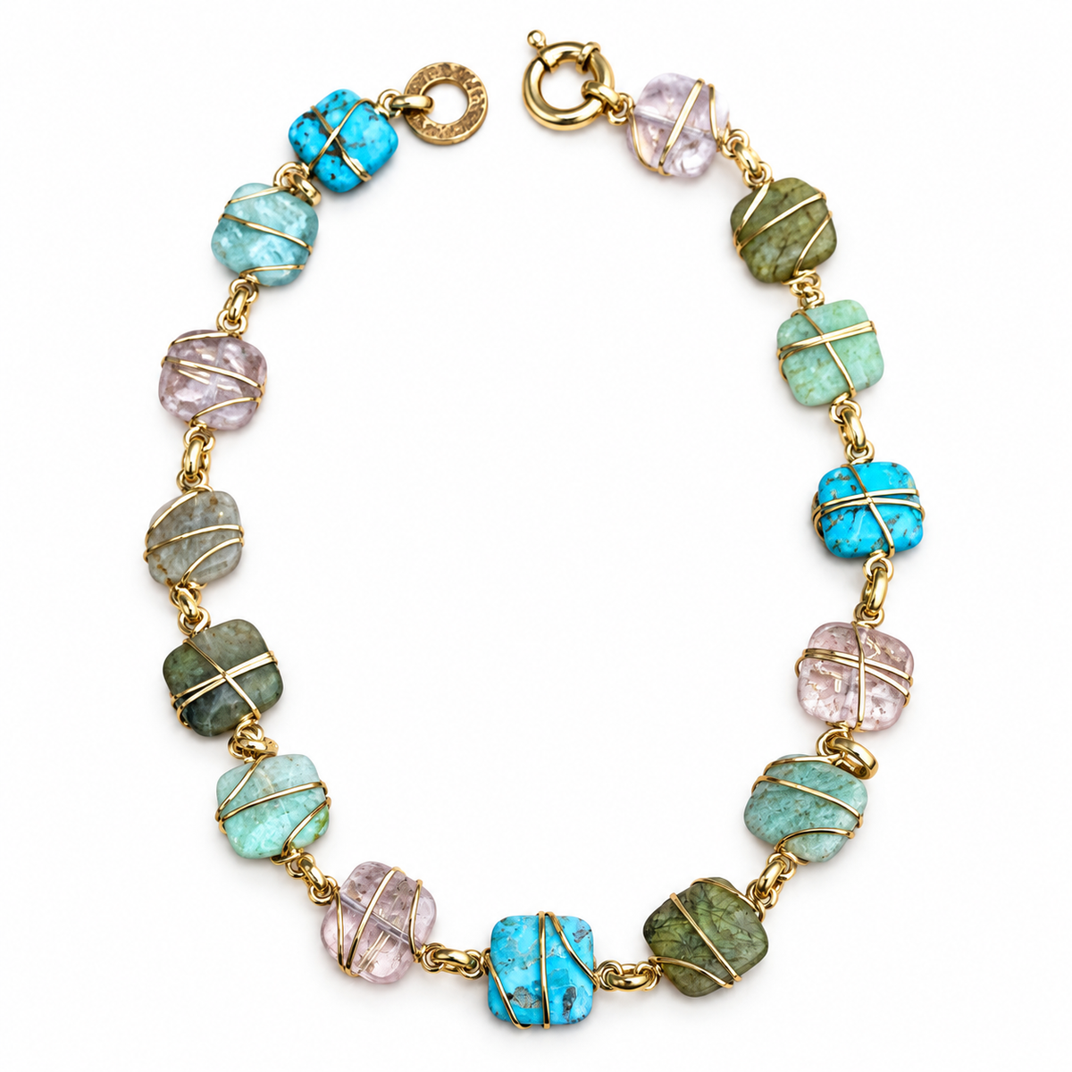 GAS BIJOUX - COLLIER RAINBOW SQUARE - METAL DORE - TURQUOISE - AMAZONITE - QUARTZ - VESSONITE