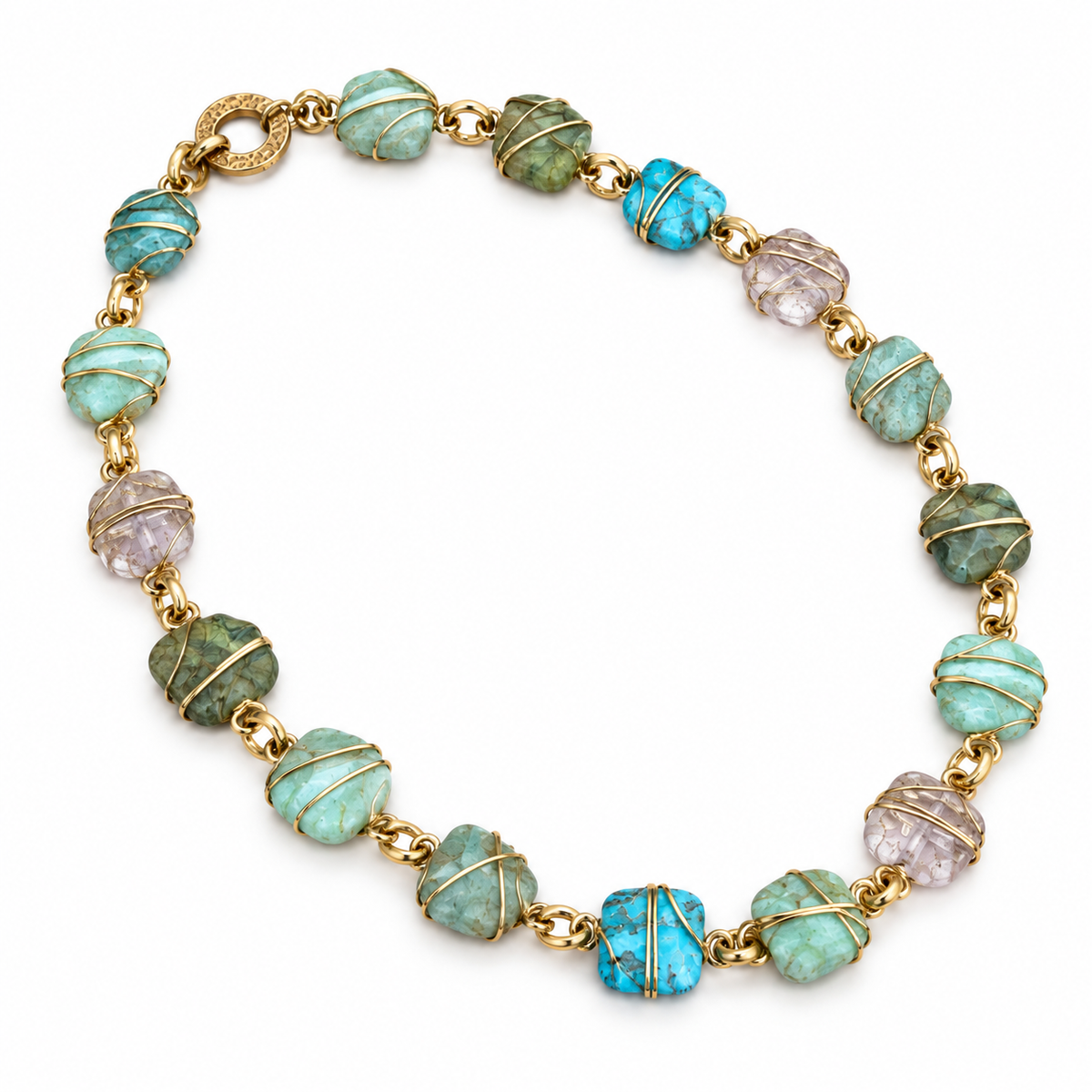 GAS BIJOUX - COLLIER RAINBOW SQUARE - METAL DORE - TURQUOISE - AMAZONITE - QUARTZ - VESSONITE