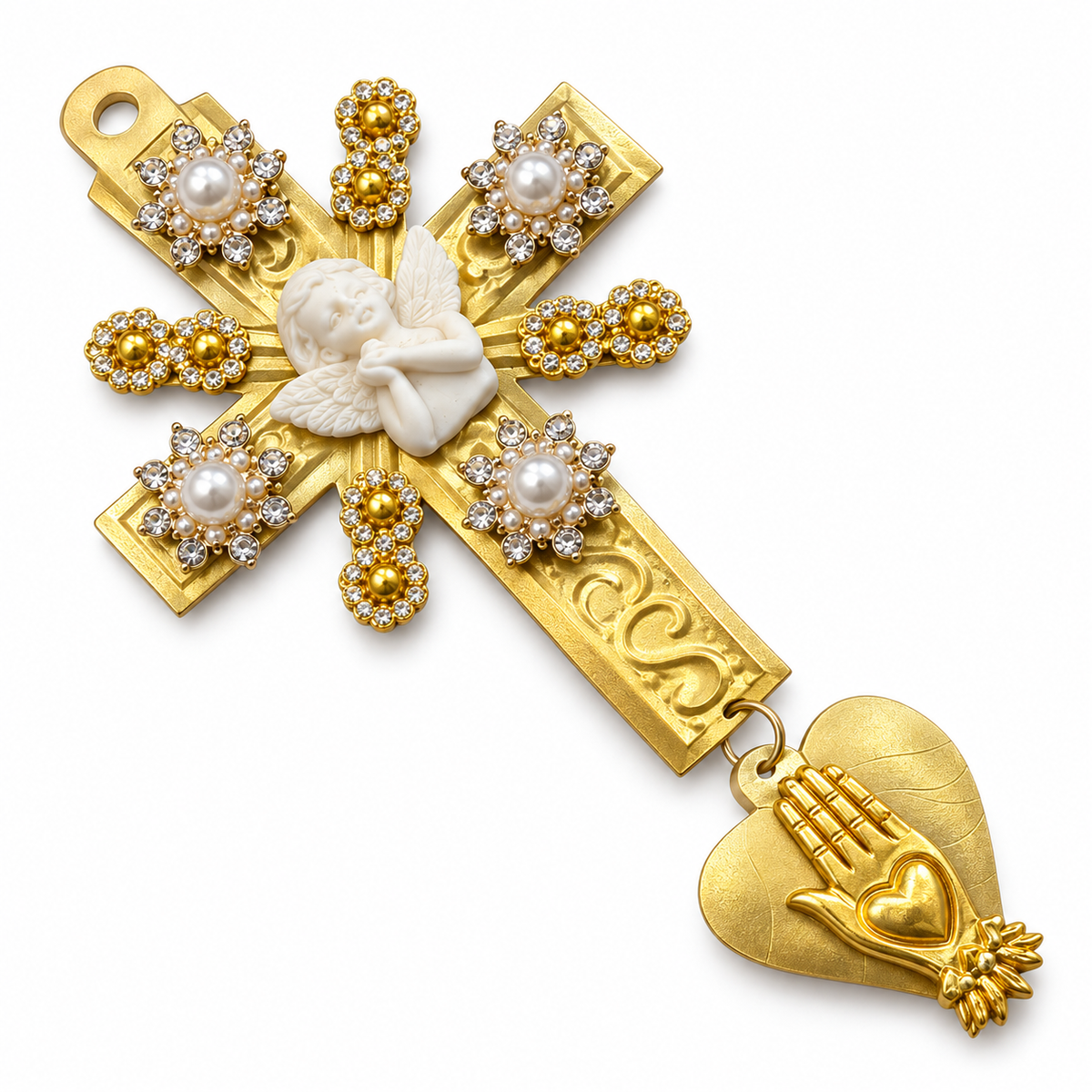 AZAFRAN ROSA - EX-VOTO - DORÉ, CRISTAUX BLANCS, PERLES ET ANGE BLANC