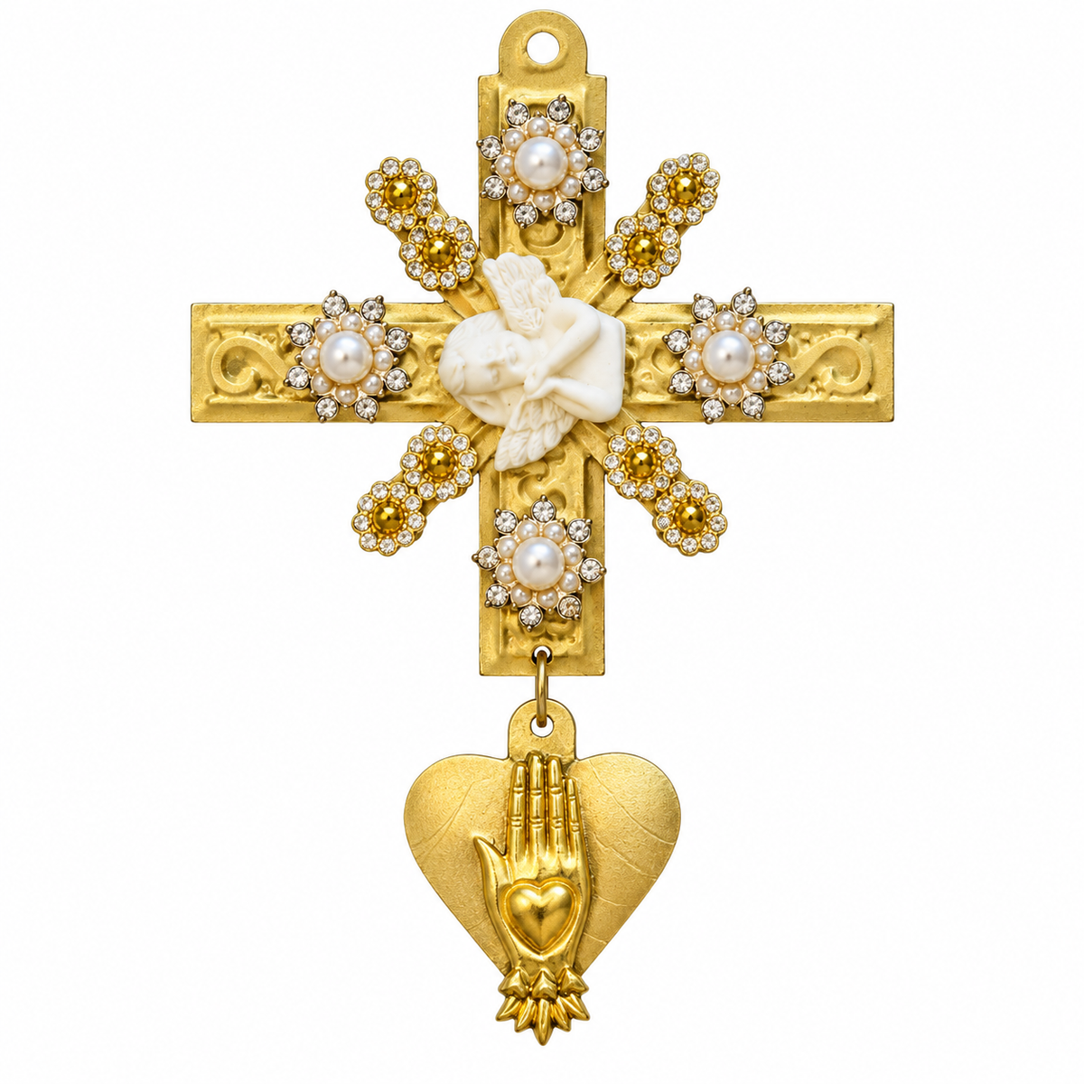 AZAFRAN ROSA - EX-VOTO - DORÉ, CRISTAUX BLANCS, PERLES ET ANGE BLANC