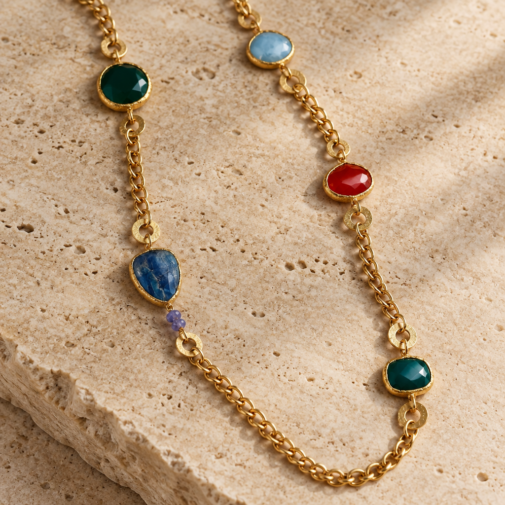 GAS BIJOUX - SAUTOIR SILÈNE MÉTAL DORÉ - CORNALINE - APATITE - AGATE VERTE