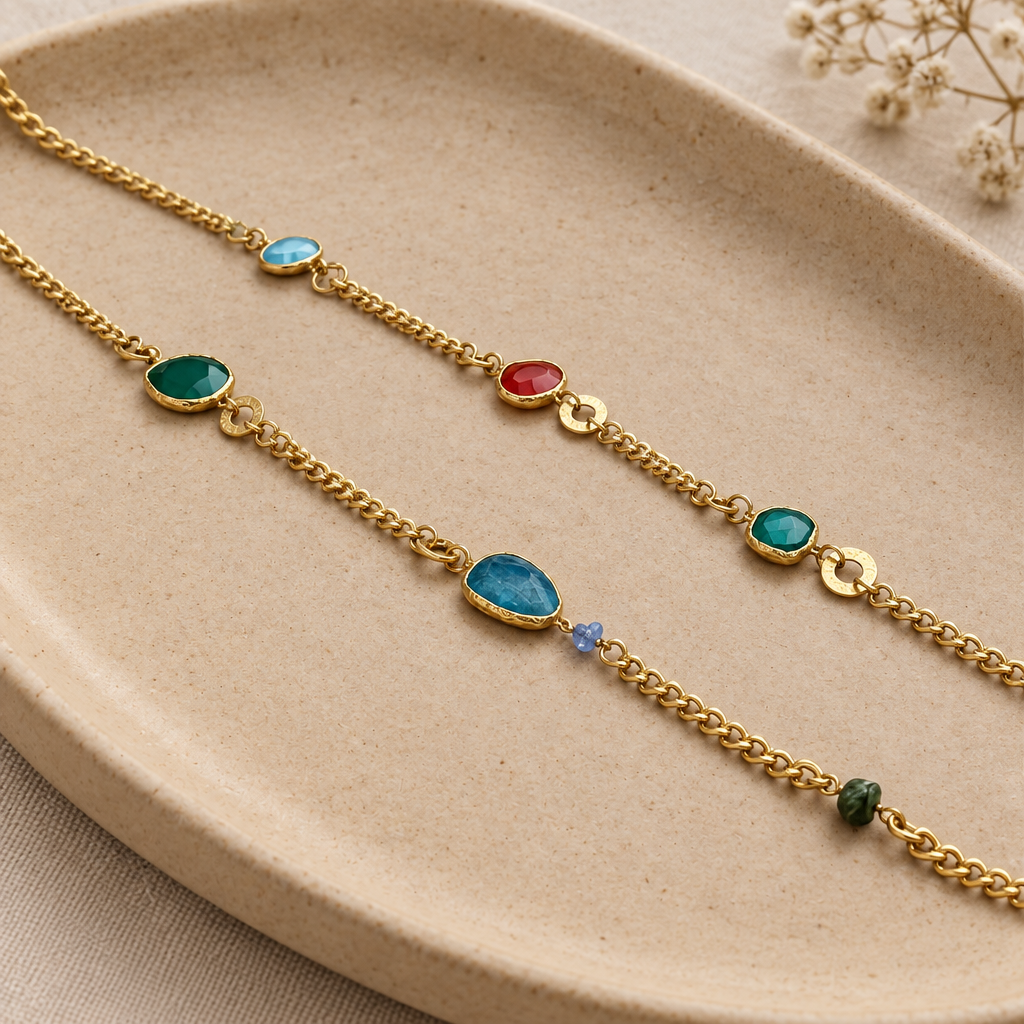 GAS BIJOUX - SAUTOIR SILÈNE MÉTAL DORÉ - CORNALINE - APATITE - AGATE VERTE