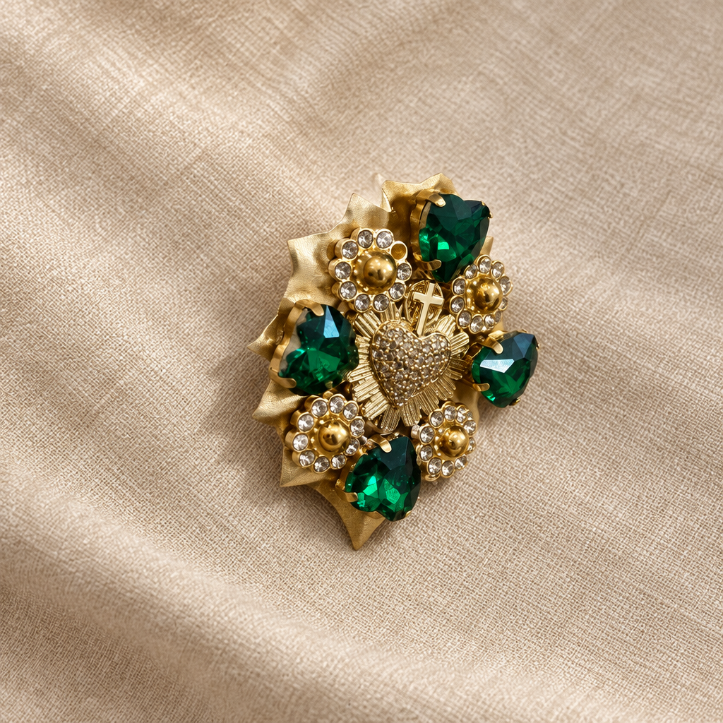 AZAFRAN ROZA - BROCHE EX-VOTO - DORÉ ET VERTE