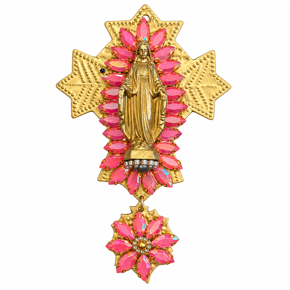 AZAFRAN ROSA - EX-VOTO DORÉ, CRISTAUX ROSES ET VIERGE MARIE DORÉE