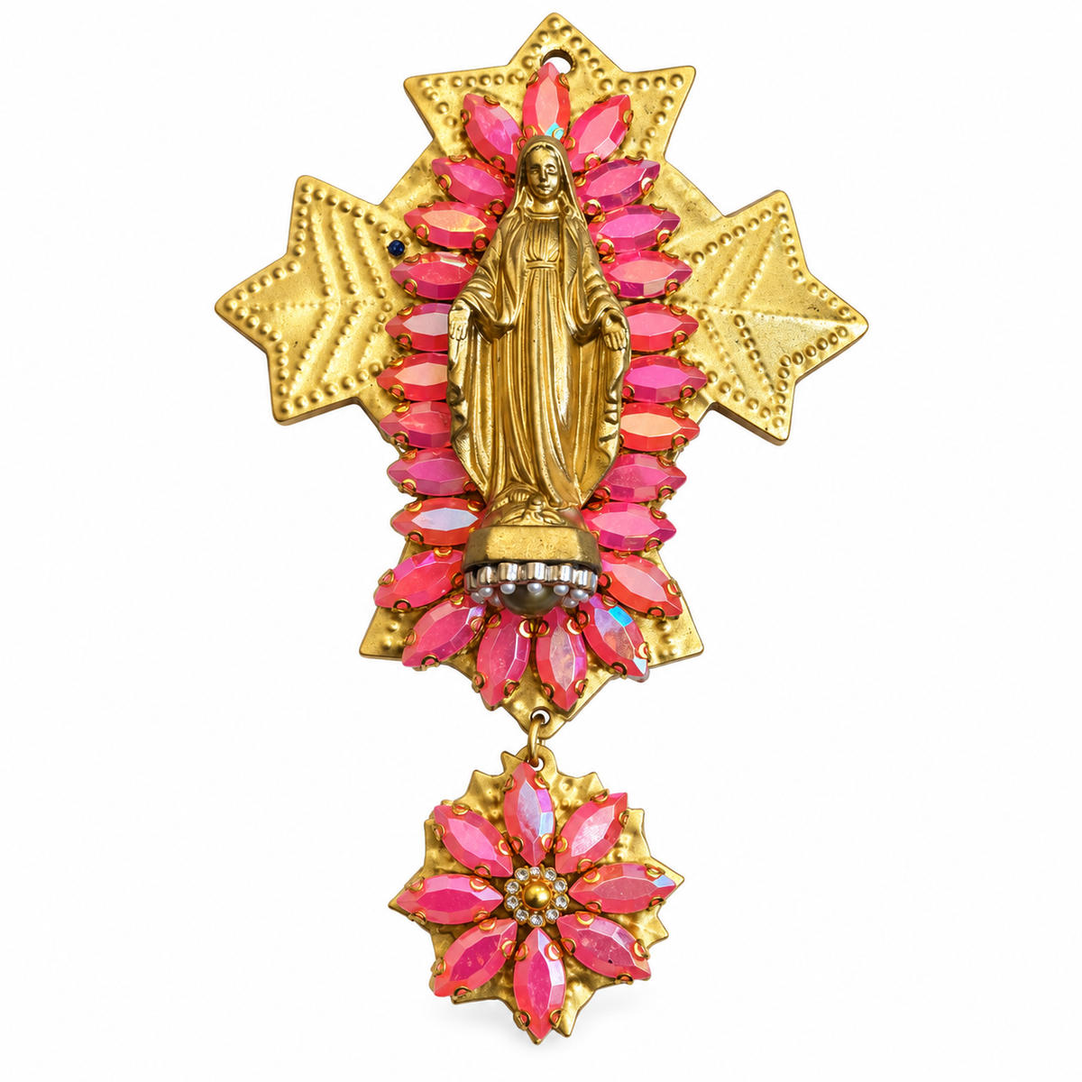 AZAFRAN ROSA - EX-VOTO DORÉ, CRISTAUX ROSES ET VIERGE MARIE DORÉE