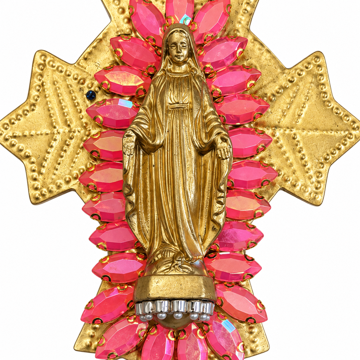 AZAFRAN ROSA - EX-VOTO DORÉ, CRISTAUX ROSES ET VIERGE MARIE DORÉE