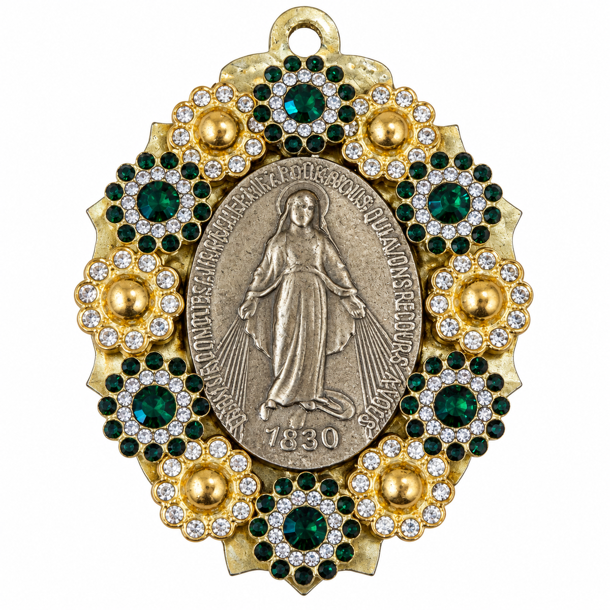 AZAFRAN ROZA - MÉDAILLON EX VOTO - VIERGE DORÉE ET CRISTAUX VERTS