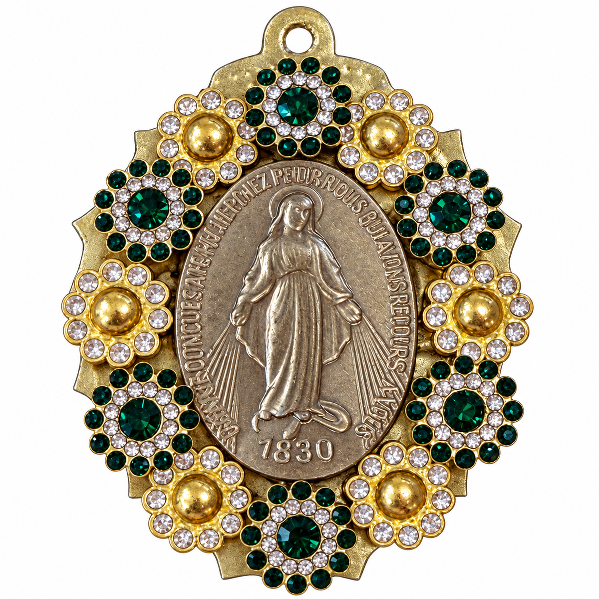 AZAFRAN ROZA - MÉDAILLON EX VOTO - VIERGE DORÉE ET CRISTAUX VERTS