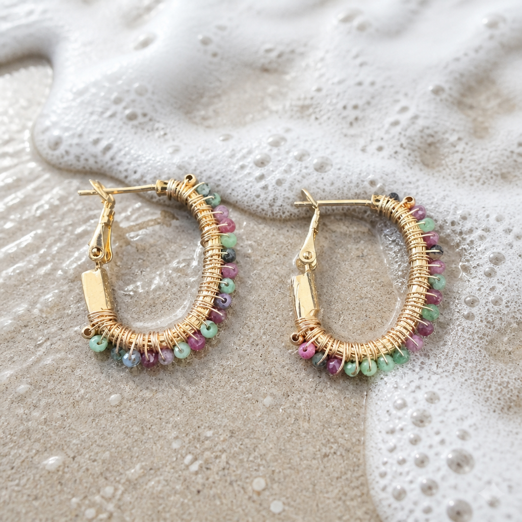 GAS BIJOUX - BOUCLES D’OREILLES LYRE DORÉES PETIT MODÈLE - amazonit, quartz fraise, améthyste, onyx