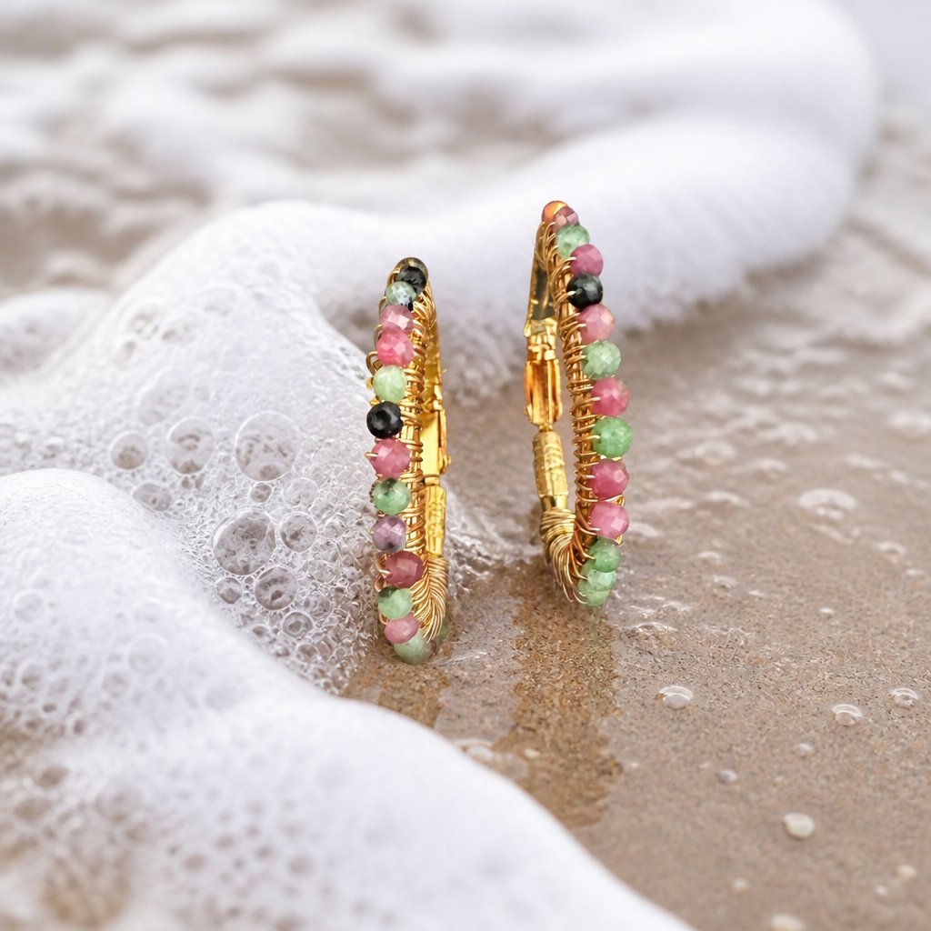 GAS BIJOUX - BOUCLES D’OREILLES LYRE DORÉES PETIT MODÈLE - amazonit, quartz fraise, améthyste, onyx