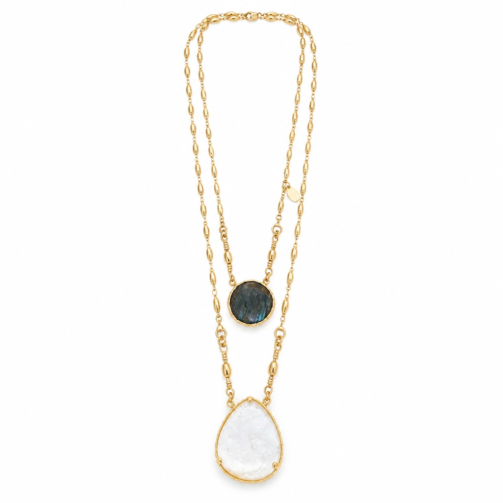 GAS BIJOUX - COLLIER SCAPULAIRE DORÉ - NACRE ET LABRADORITE