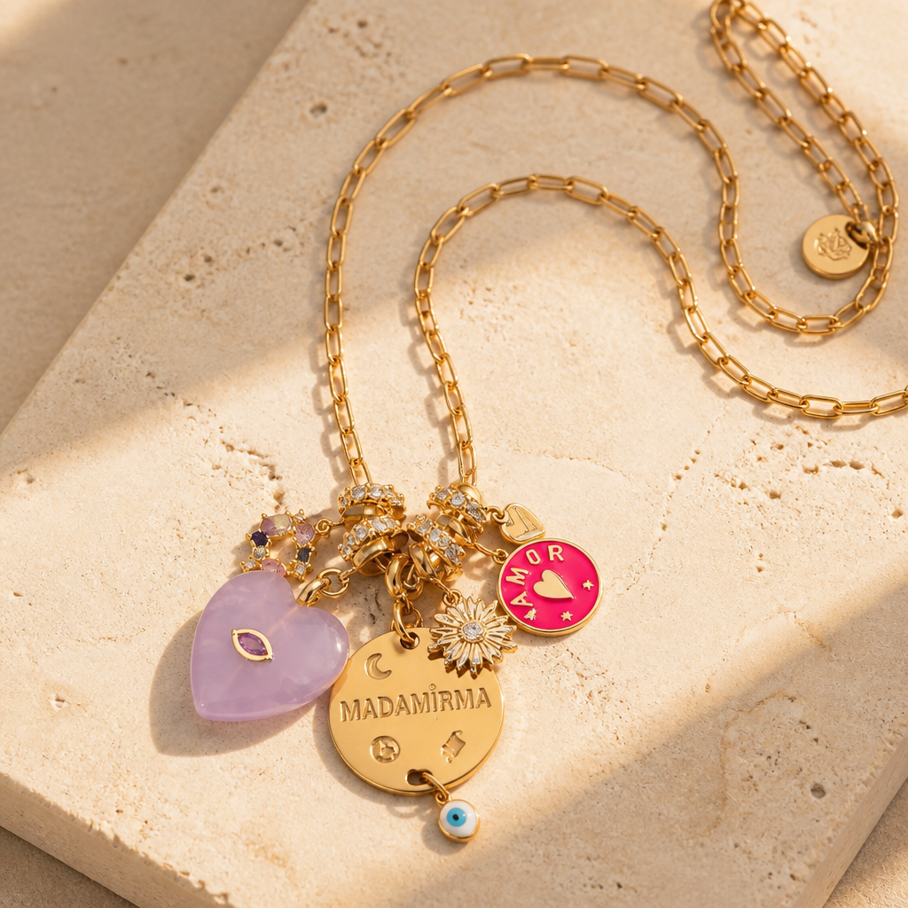 MADAMIRMA - SAUTOIR CHARMS DORÉ - COEUR QUARTZ ROSE