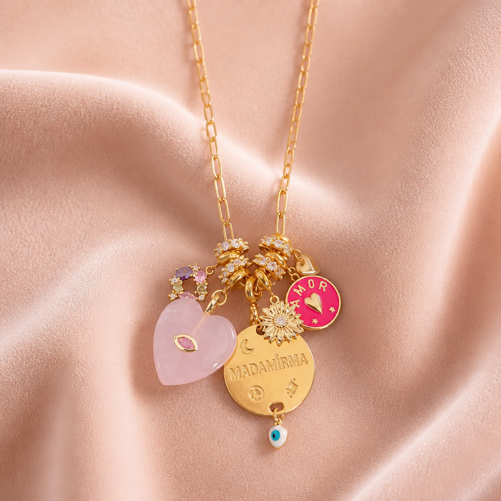 MADAMIRMA - SAUTOIR CHARMS DORÉ - COEUR QUARTZ ROSE