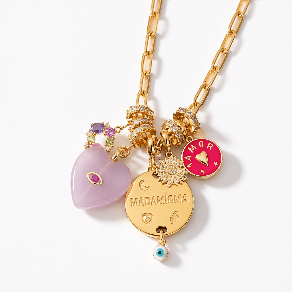 MADAMIRMA - SAUTOIR CHARMS DORÉ - COEUR QUARTZ ROSE